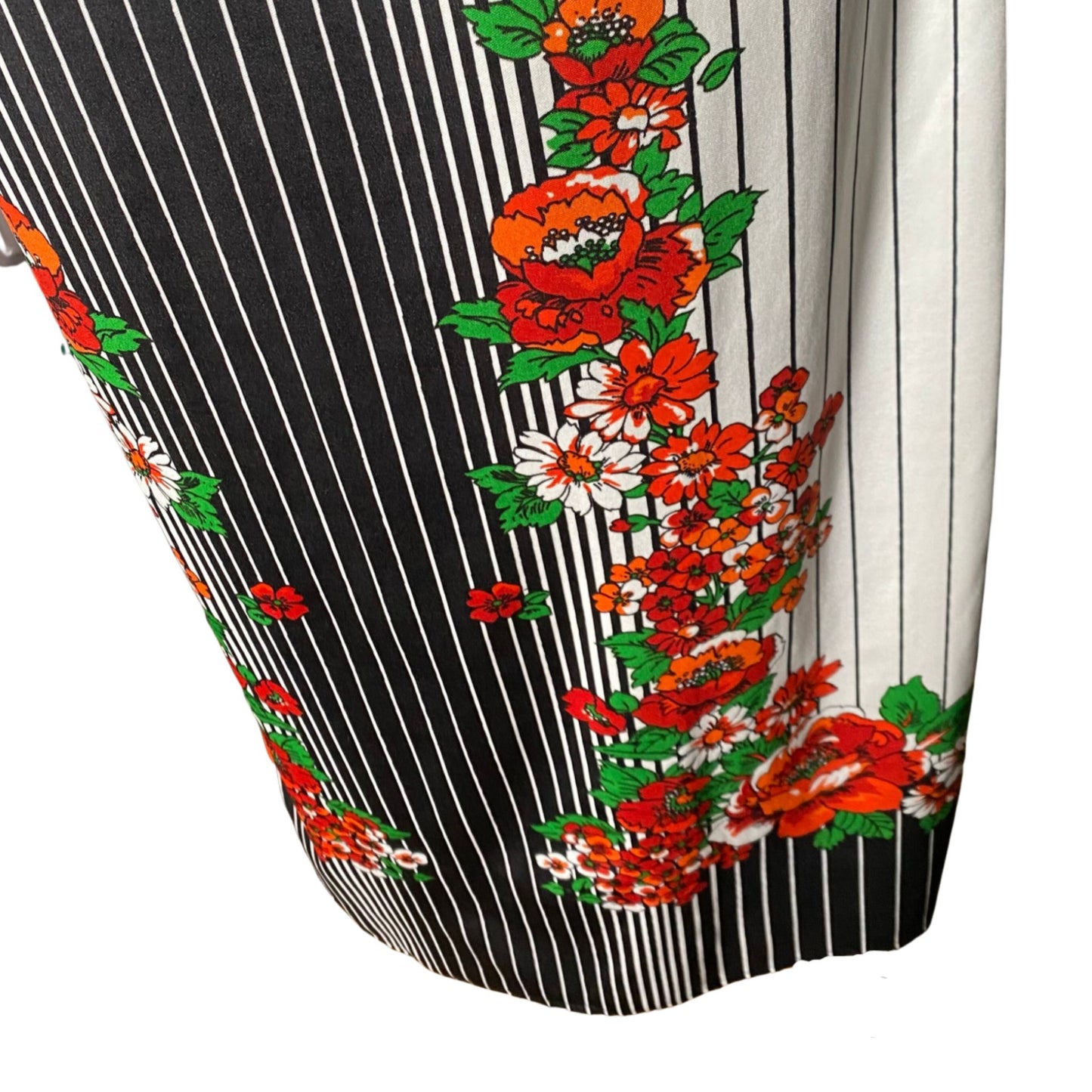 70s Monochrome Striped Vintage Maxi Dress with Vibrant Floral Detail. Approx UK size 10-12