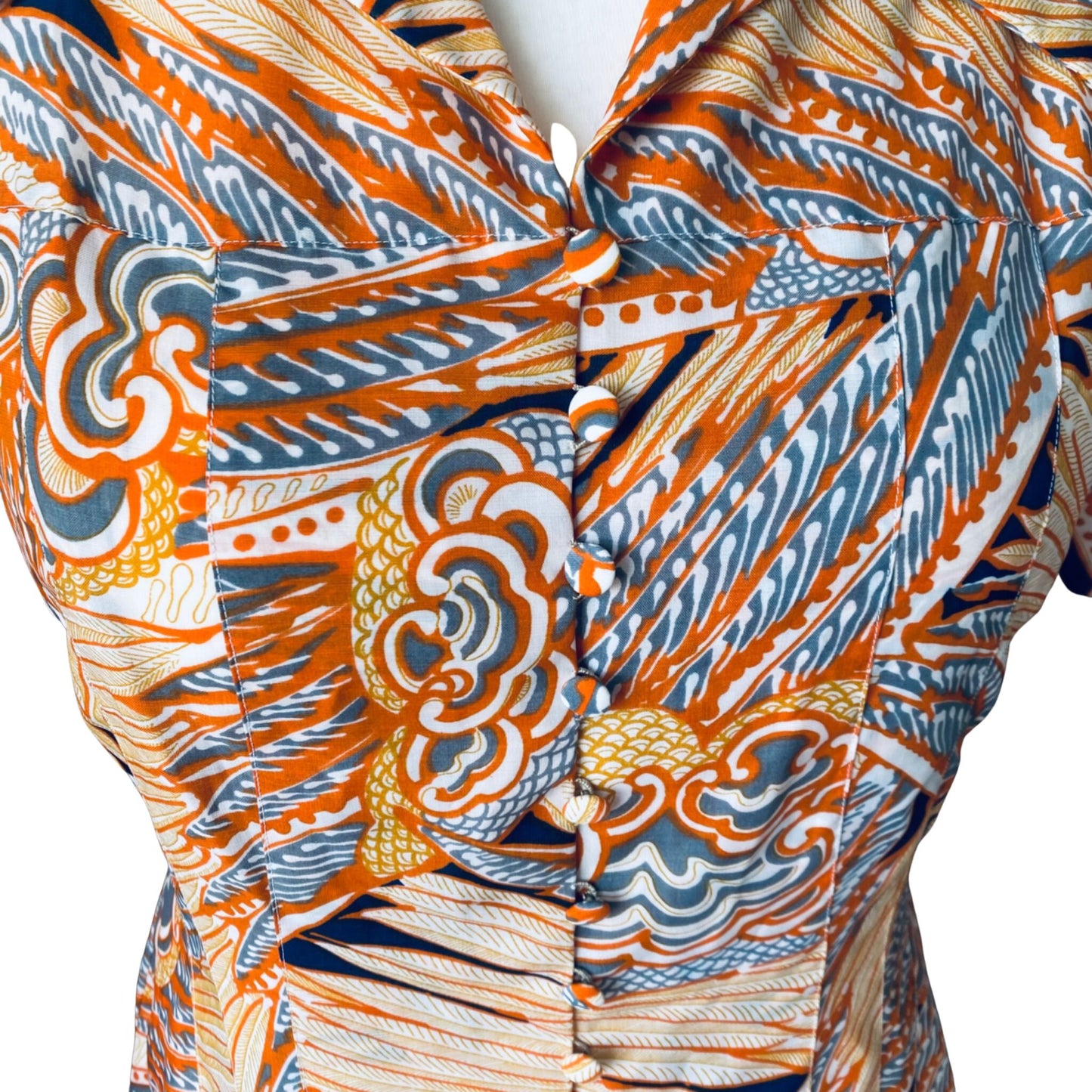 1970s Orange, Grey, and White Abstract Print Midi Dress - Vintage Shirt Waister Style. Approx UK size 14-16