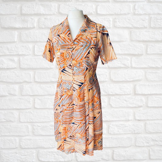 1970s Orange, Grey, and White Abstract Print Midi Dress - Vintage Shirt Waister Style. Approx UK size 14-16