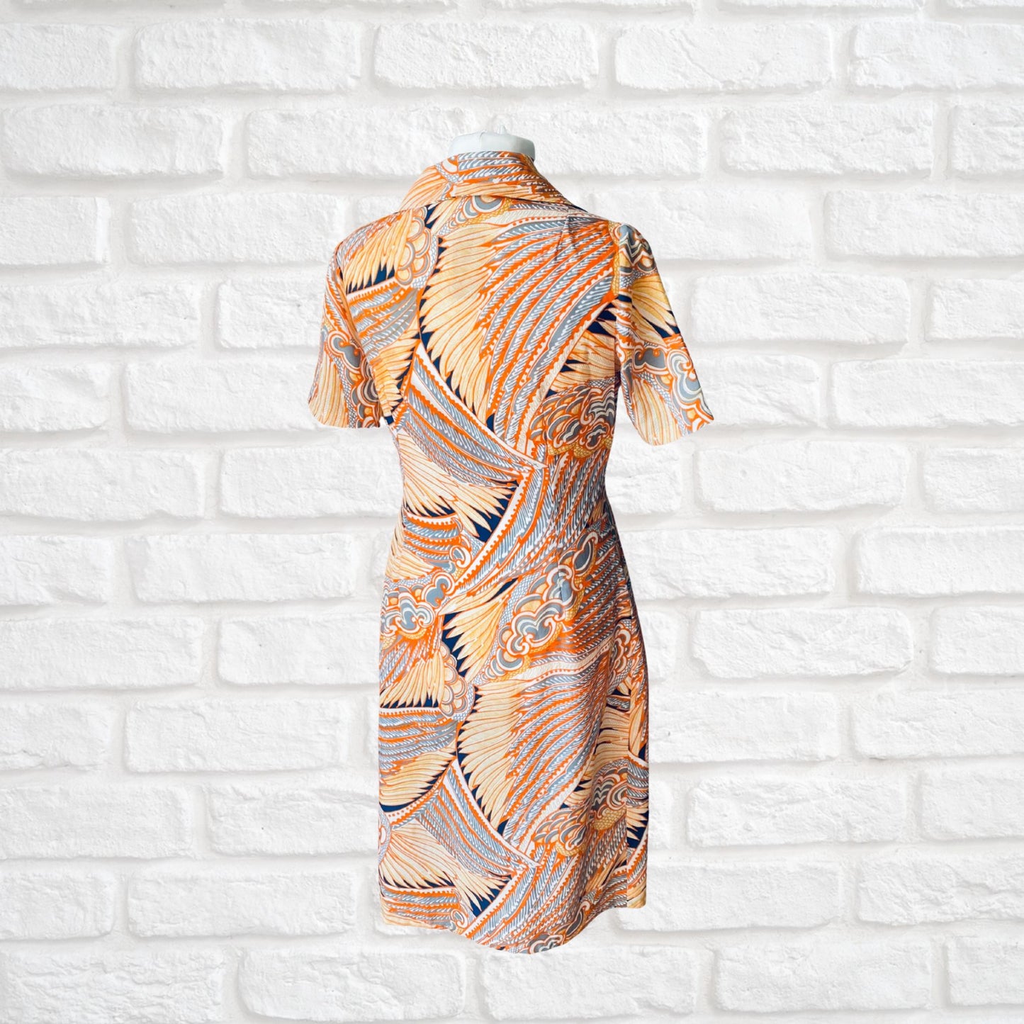 1970s Orange, Grey, and White Abstract Print Midi Dress - Vintage Shirt Waister Style. Approx UK size 14-16