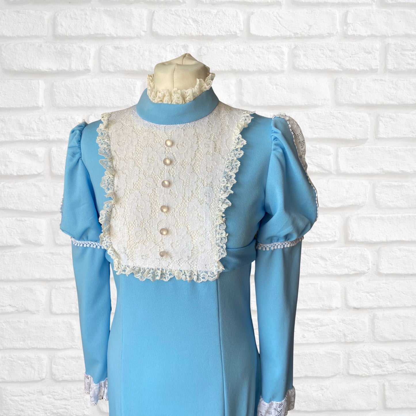 70s Edwardian Style Blue Prairie Dress with White Lace Bodice | Handmade Cottage Core Vintage Maxi Dress Approx U.K. size 10-12