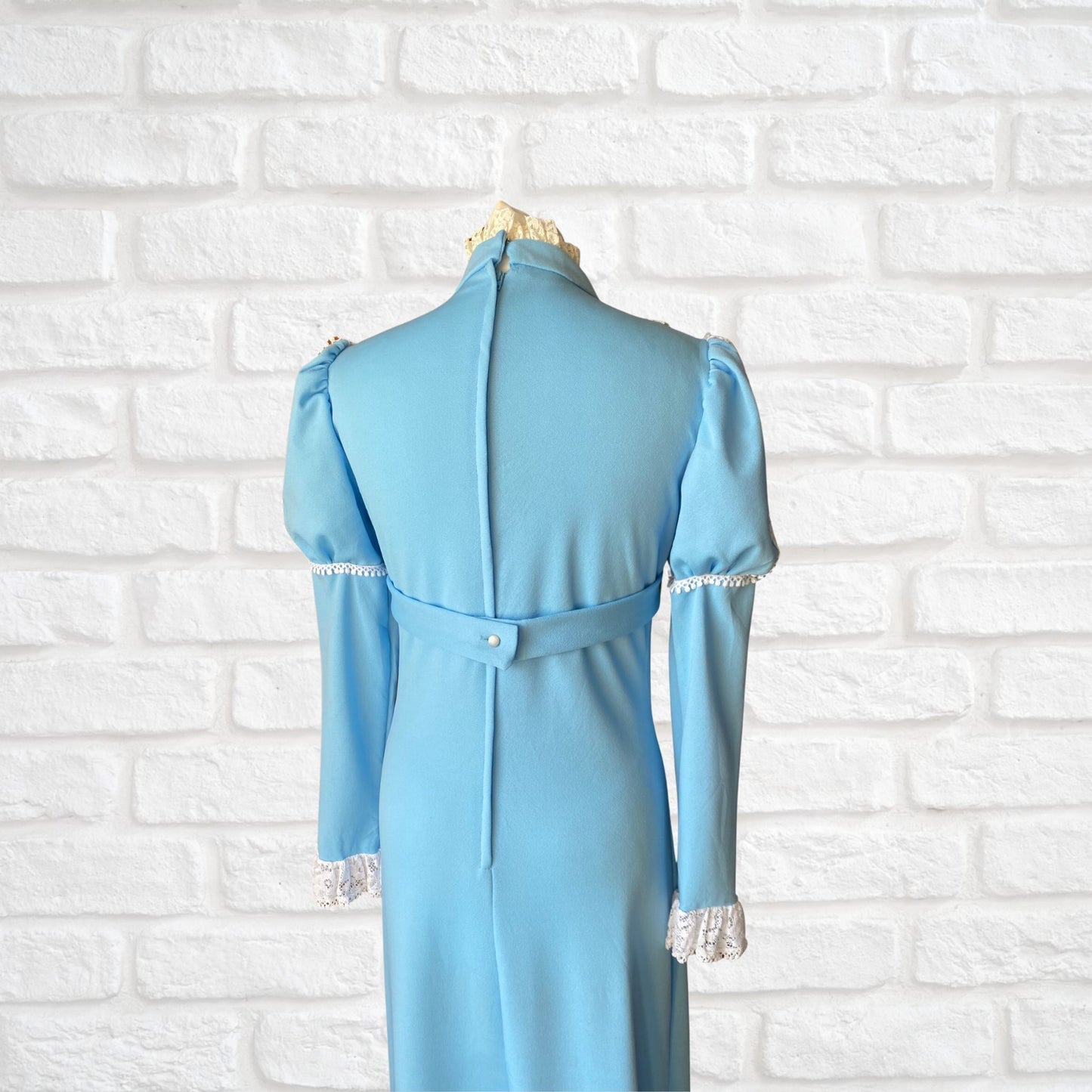 70s Edwardian Style Blue Prairie Dress with White Lace Bodice | Handmade Cottage Core Vintage Maxi Dress Approx U.K. size 10-12