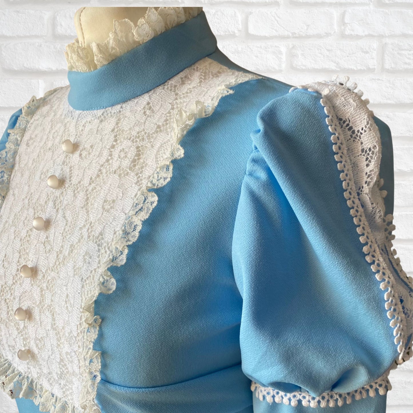 70s Edwardian Style Blue Prairie Dress with White Lace Bodice | Handmade Cottage Core Vintage Maxi Dress Approx U.K. size 10-12