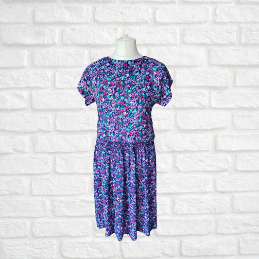 Vintage 80s Floral Blouson Tea Dress - Made in USA, Patty O'Neil. Approx UK size 14-16