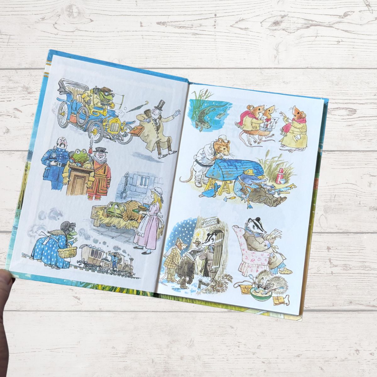 Open book with illustrated pages on a wooden surface