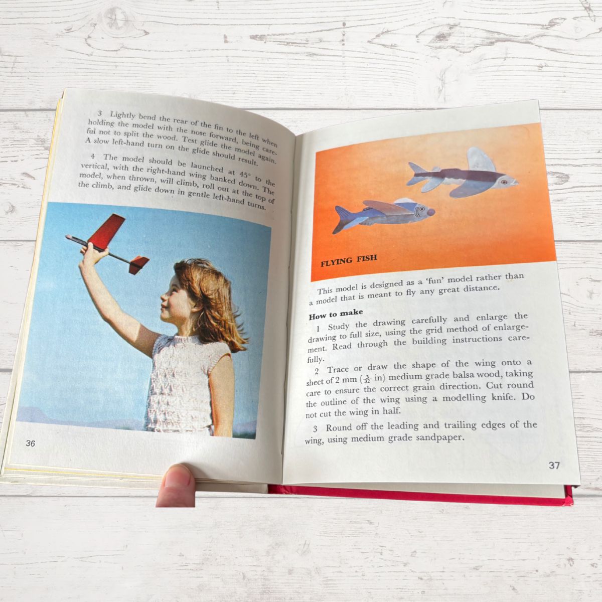 Open book with illustrations of a child with a model airplane and flying fish, on a light wooden surface.