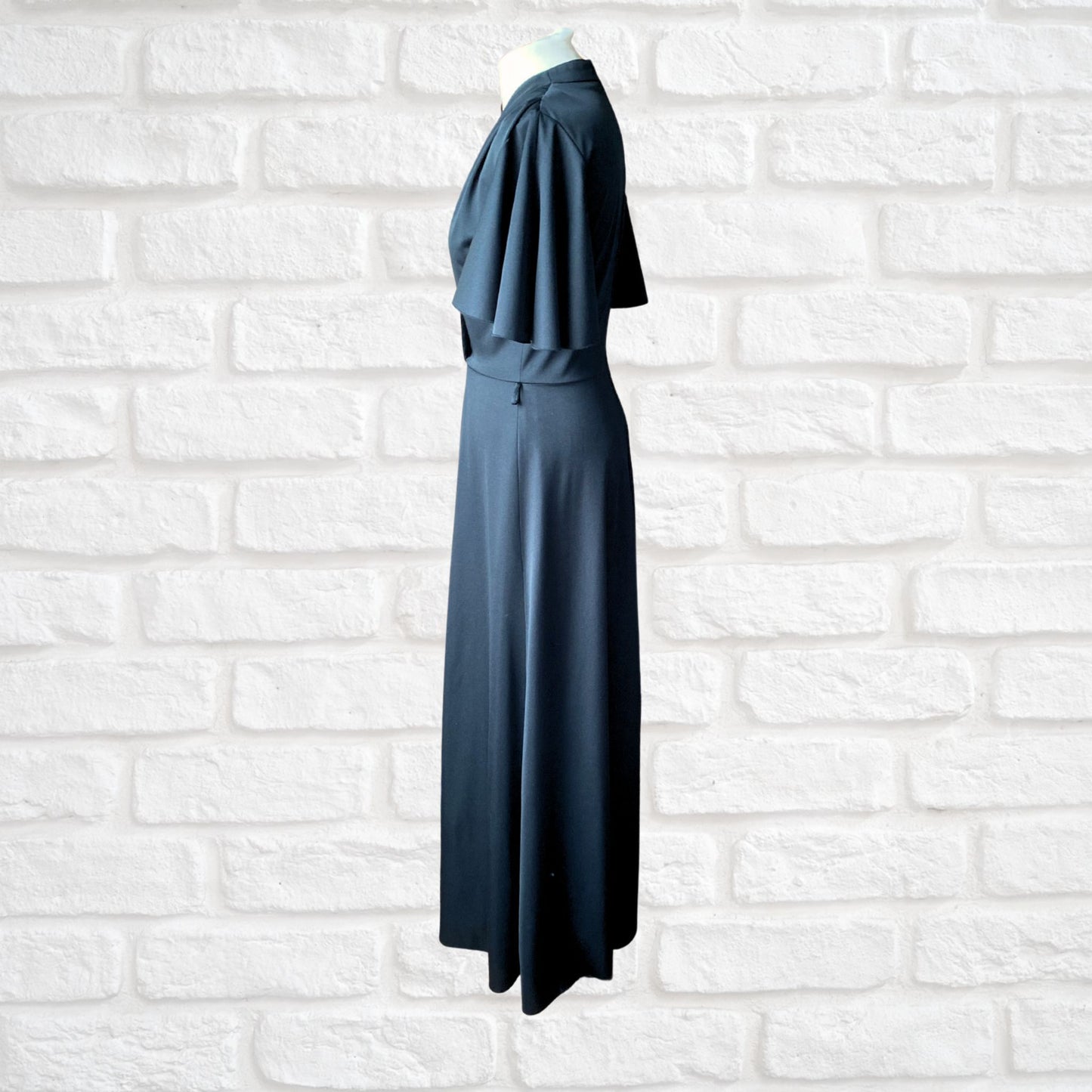 70s Black Maxi Dress with Short Angel Sleeves by Betty Barclay. Approx UK size 10-12