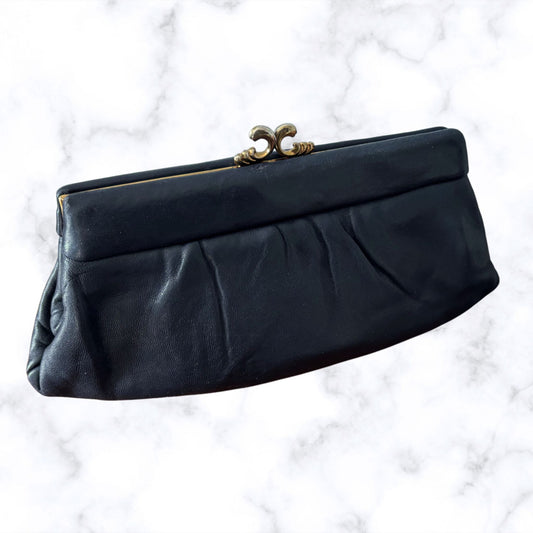 Vintage Dark Blue Leather Clutch Bag/Large Coin Purse