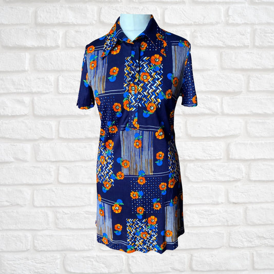 Vintage 70s Blue & Orange Floral Mini Dress with Dagger Collar .Approx UK size 12