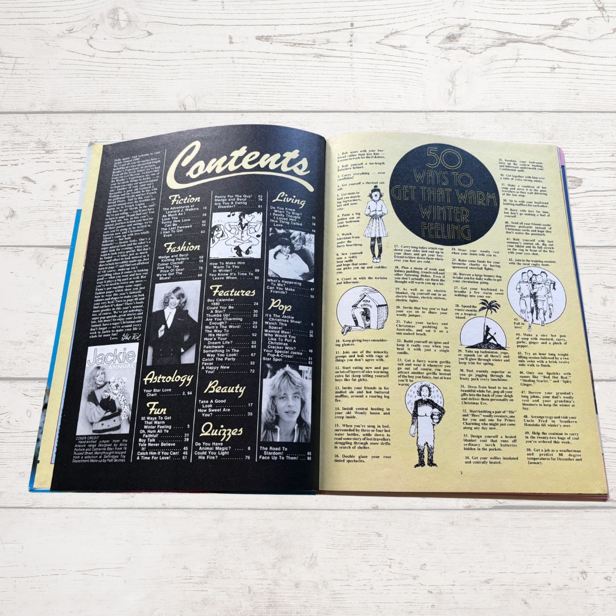 Open book showing a vintage magazine layout with 'Contents' and various sections on a wooden surface.