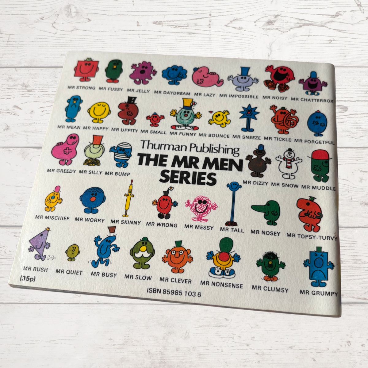 Collection of colorful Mr. Men characters on a white background with text.