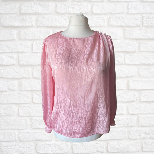 80s Silky Pink Round Neck Long Sleeved Vintage Blouse . Approx UK size 14-16