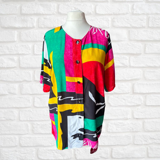 Vintage 80s Brightly Coloured Abstract Print Short Sleeved Cotton Shirt. Approx UK size 20-22