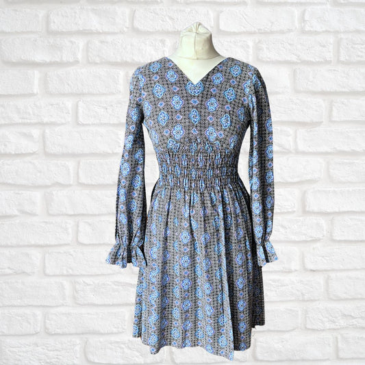 70s Retro Floral Cotton Vintage Mini Smocked Dress with  Approx UK size 6-8