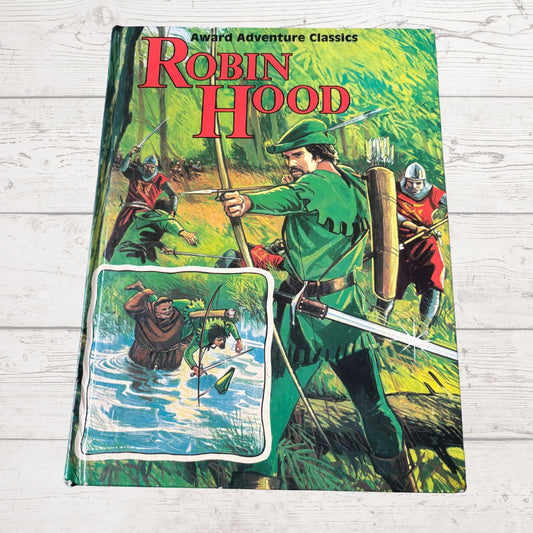 Book cover of 'Robin Hood' with illustrations of Robin Hood and his companions on a wooden surface.