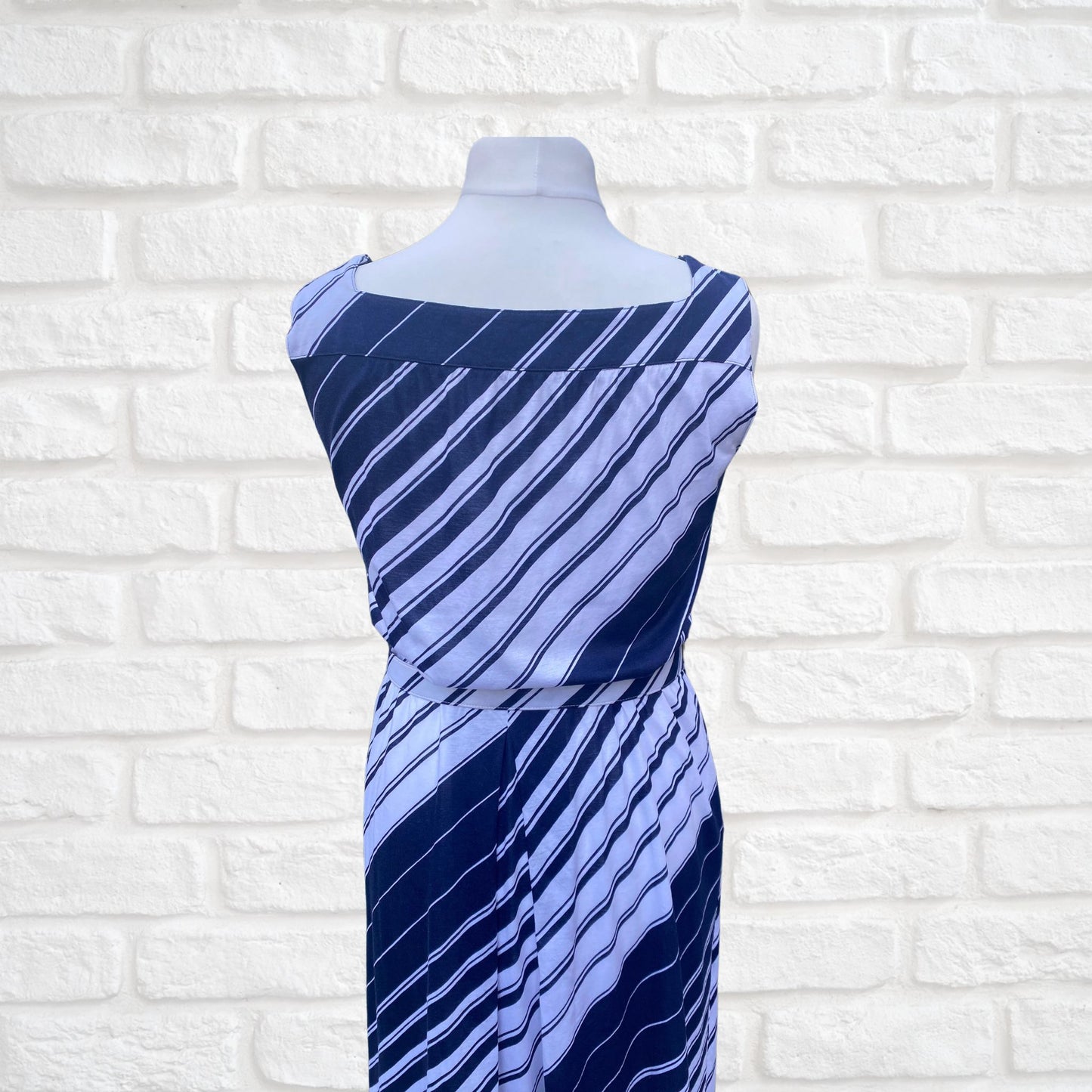 80s Navy Blue and White Striped Cotton Vintage Sundress with Matching Belt. Approx UK size 14-16