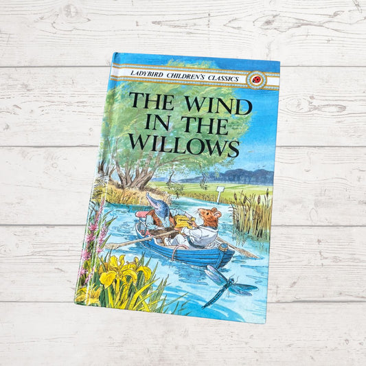 Book titled 'The Wind in the Willows' by Ladybird on a wooden surface