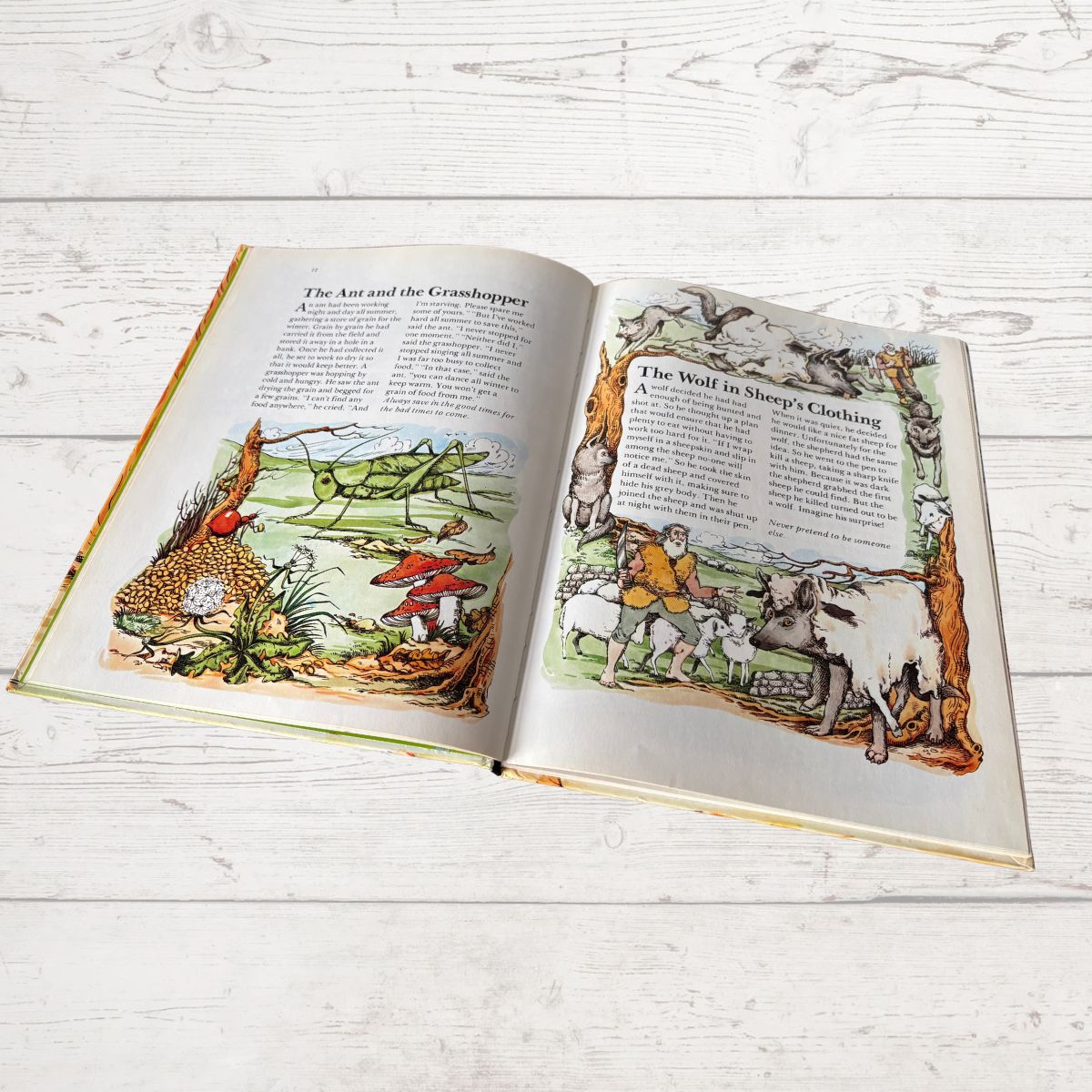 Open book with illustrations of 'The Ant and the Grasshopper' and 'The Wolf in Sheep's Clothing' on a wooden surface.