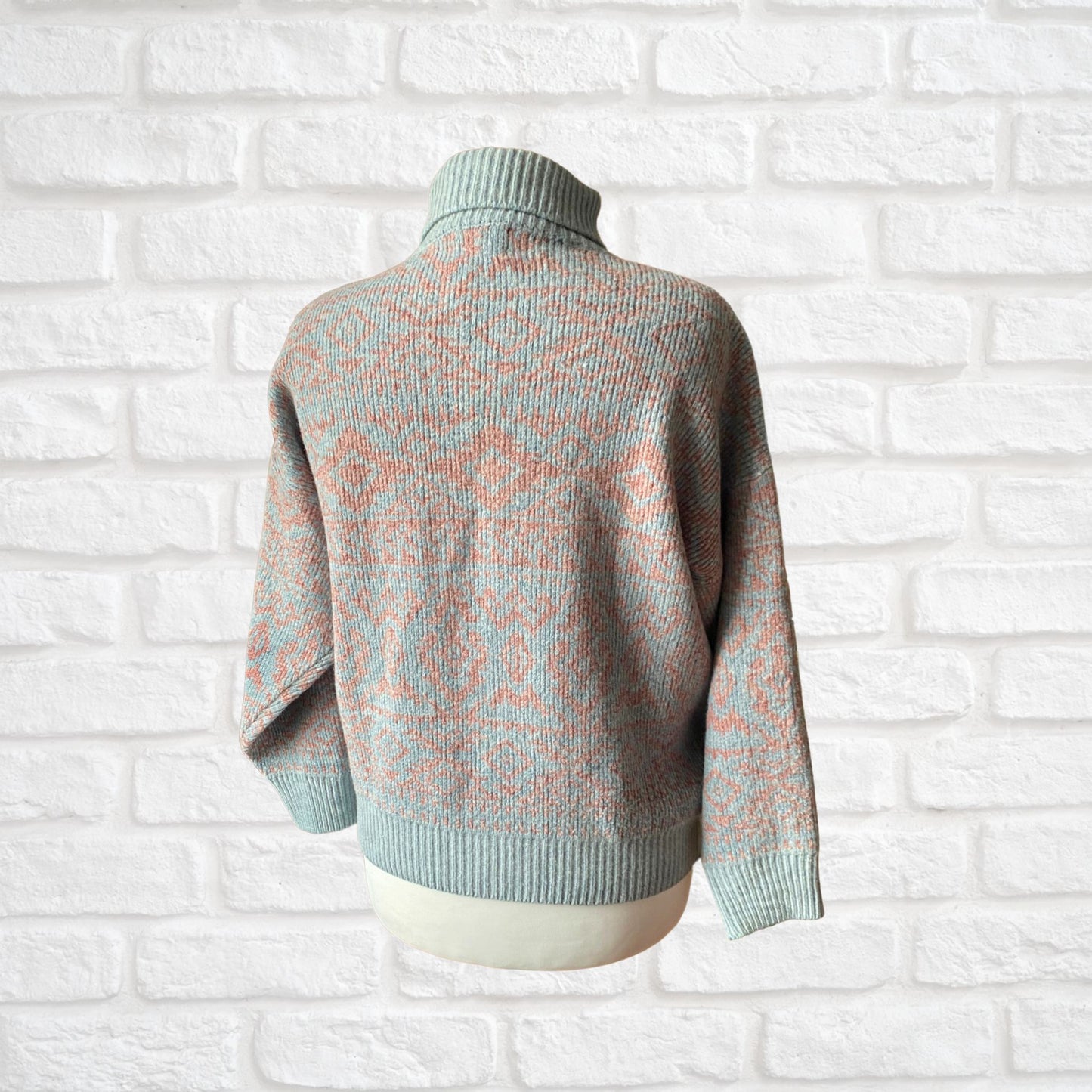 Vintage 80s Pale Blue and Pink Roll Neck Jumper. Approx UK size 18-22