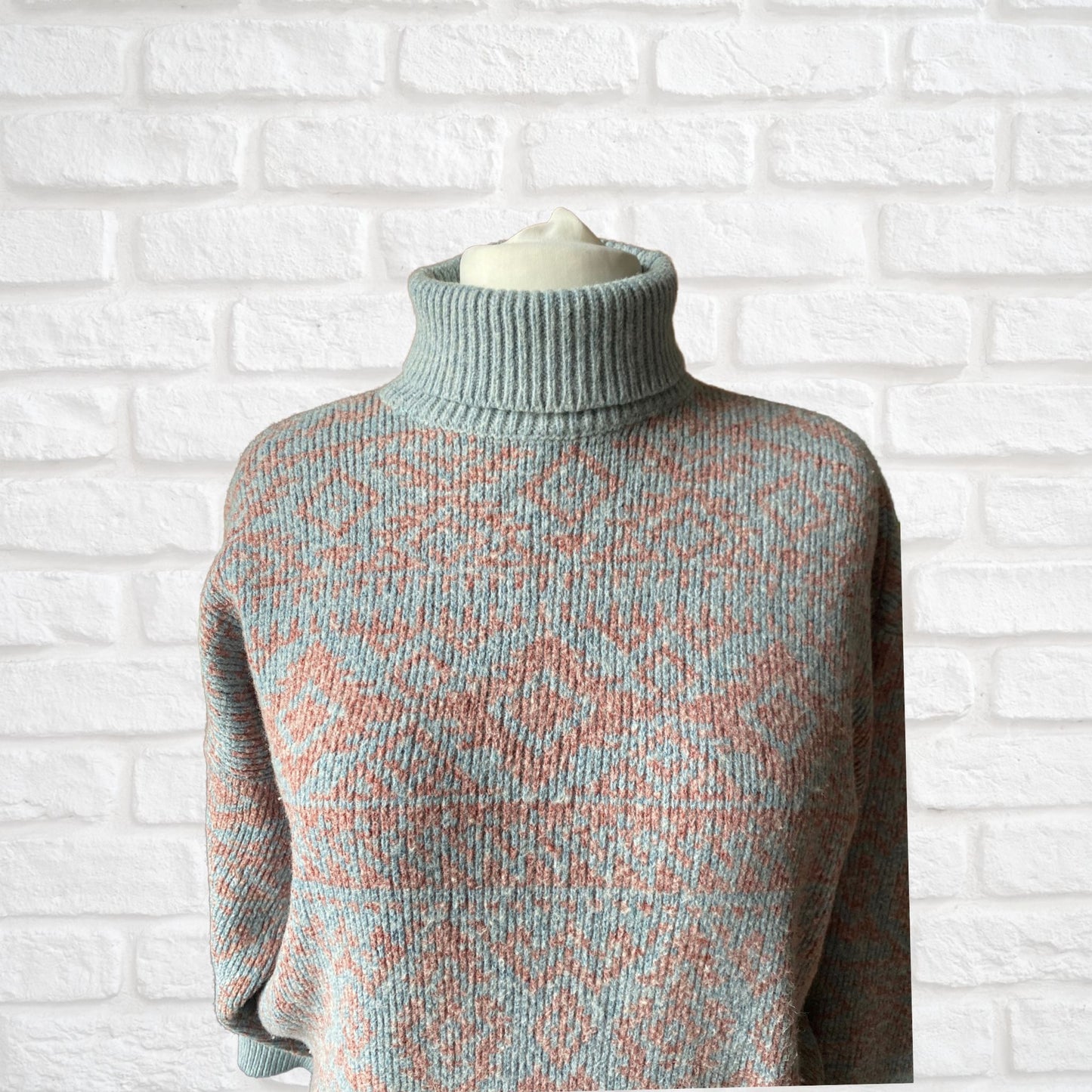 Vintage 80s Pale Blue and Pink Roll Neck Jumper. Approx UK size 18-22
