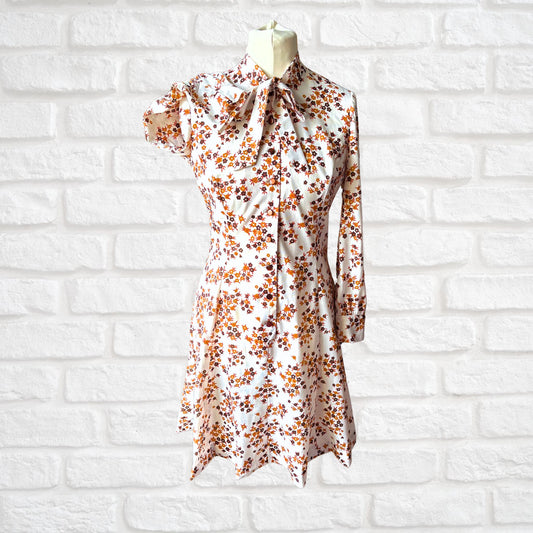 Vintage Cream and Brown Floral Print Dress with Tie Neck. Approx UK size 12-14