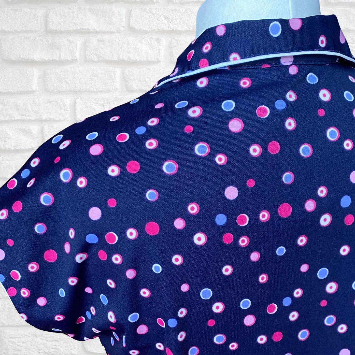 80s Navy Blue, Purple and Pink Polka Dot 40s Style Dress. Approx U.K. size 14-16