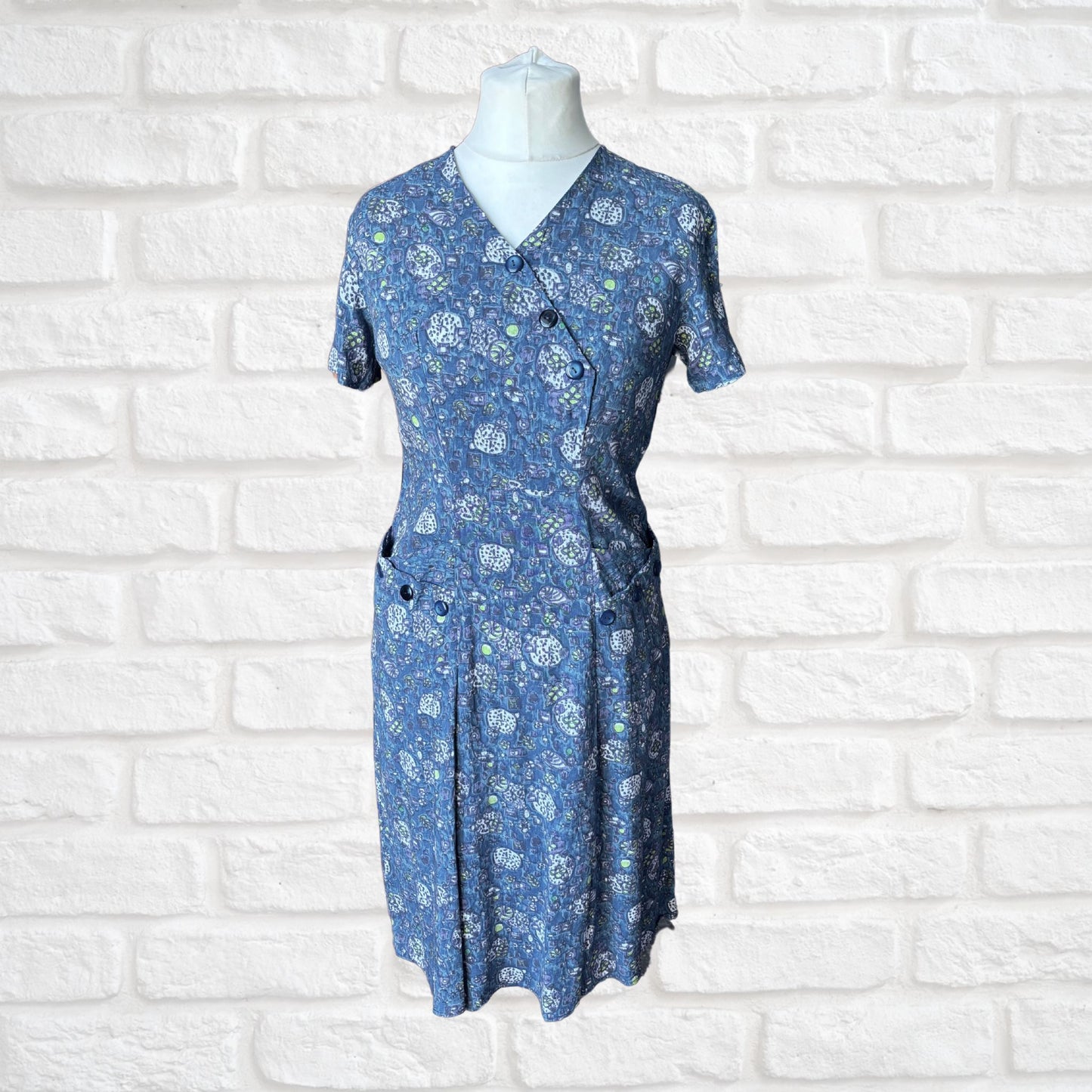1950s French Vintage Blue Cotton Abstract Print Dress. Approx UK 12/ small 14