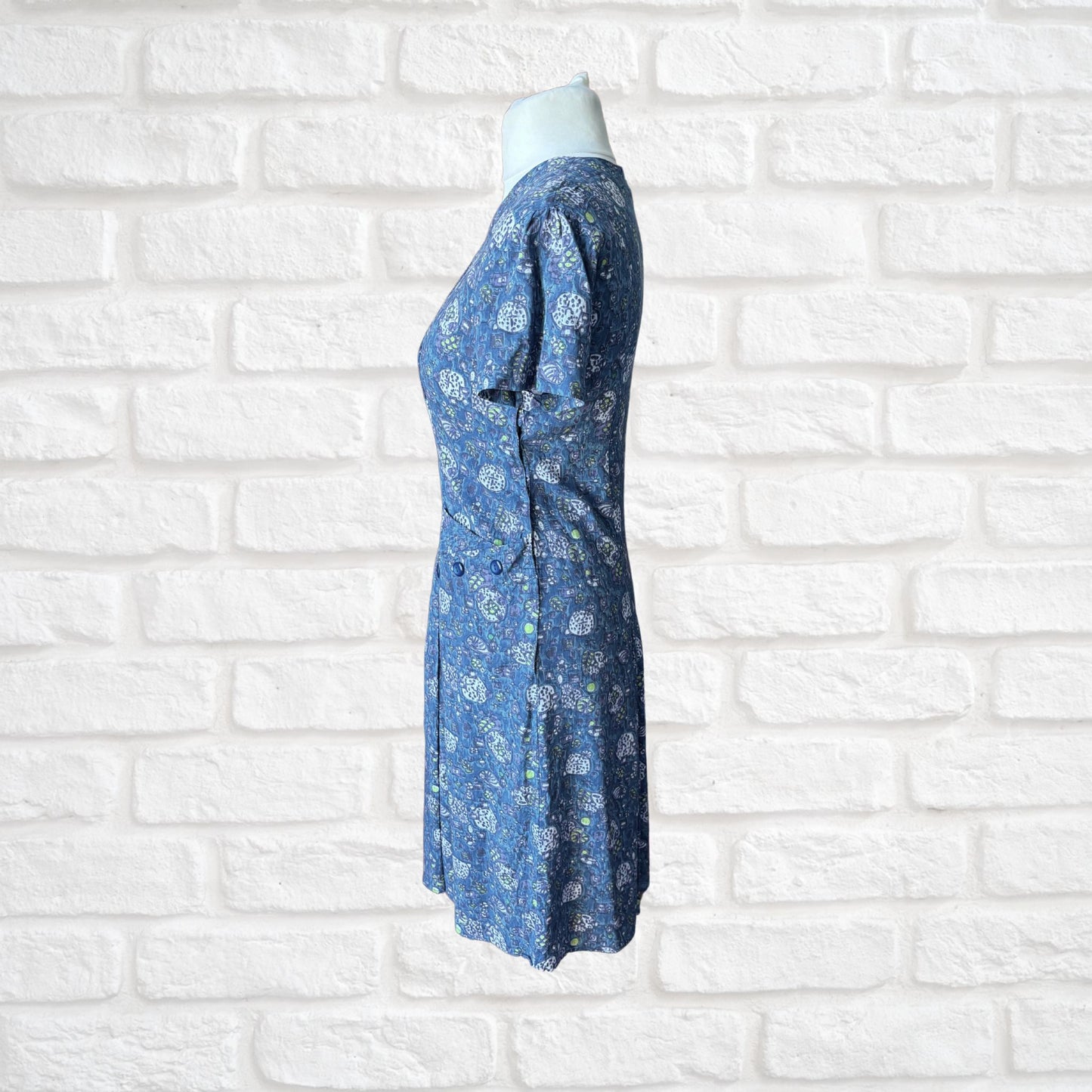 1950s French Vintage Blue Cotton Abstract Print Dress. Approx UK 12/ small 14