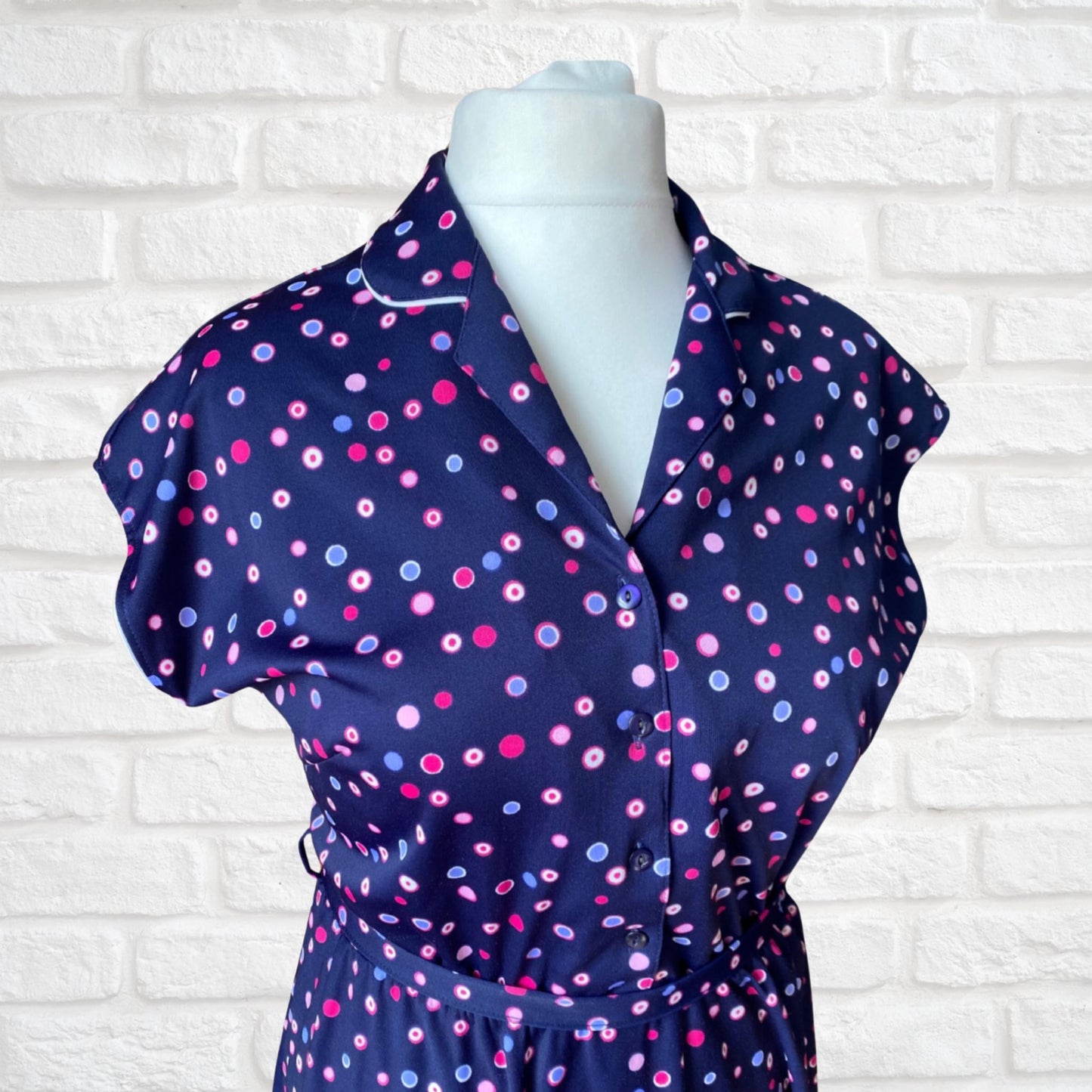 80s Navy Blue, Purple and Pink Polka Dot 40s Style Dress. Approx U.K. size 14-16