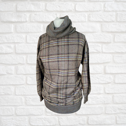 Vintage Brown, Blue, Black, White and Green Checked Cowl Neck Jumper. Approx UK size 6- 10