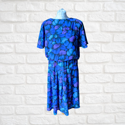 Stunning 1920s style Black, Blue, Mauve and Turquoise Vintage 80s Dress. Approx UK size 10 -12
