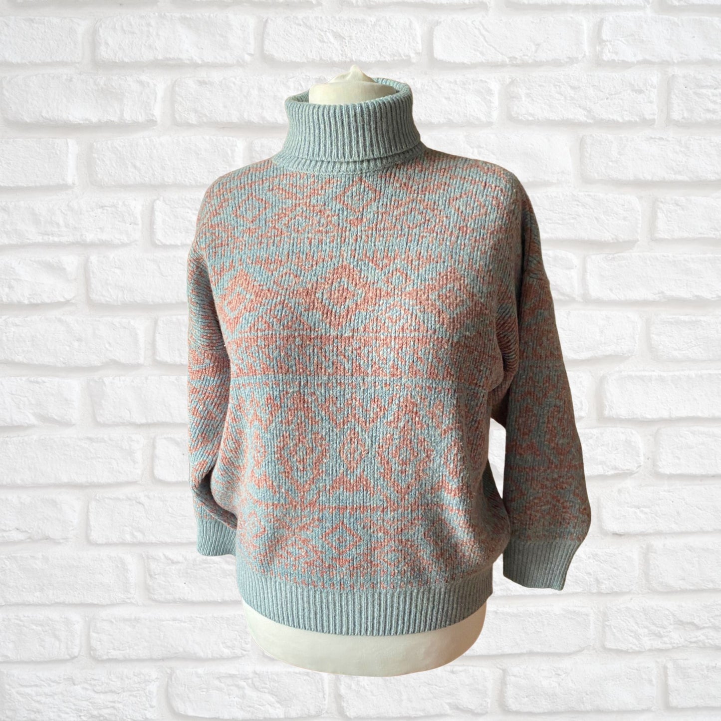 Vintage 80s Pale Blue and Pink Roll Neck Jumper. Approx UK size 18-22