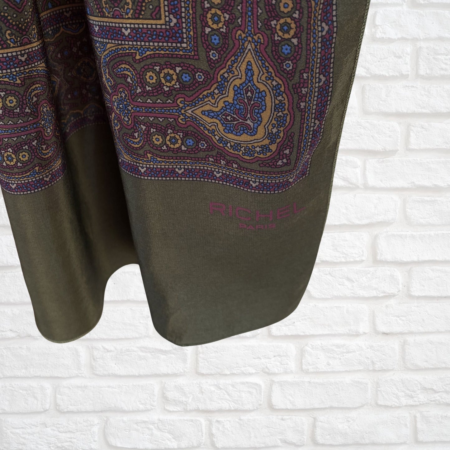 Long Length Vintage Green Silk Paisley Print Scarf. Richel, Paris Great gift idea