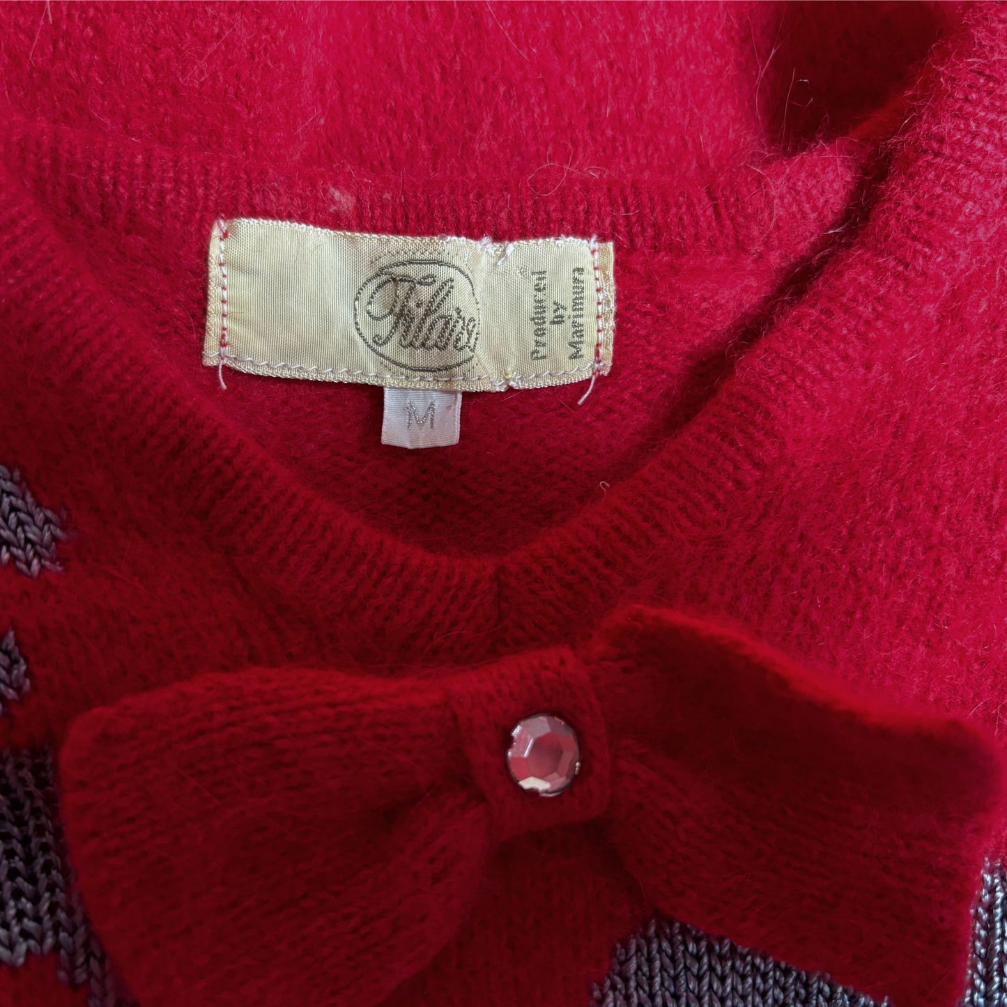 Vintage 80s Style Fluffy Red Jumper with Embellished Floral Detail and Bow. Approx UK size 8-10