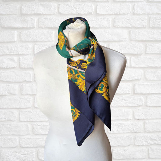 Stylish Blue, White, Gold and Green Equestrian Style Square Vintage Scarf. Great Gift idea