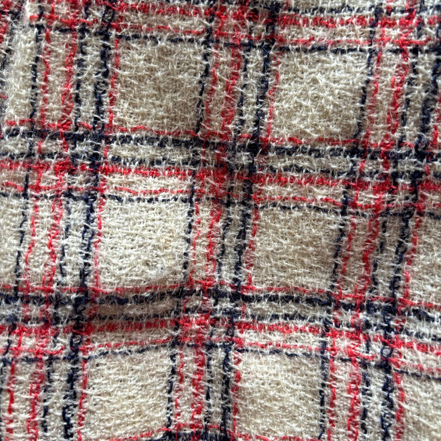 Vintage Cream, Red & Blue Tartan Mini Skater Skirt with Front Pleats. Approx UK size 8-10