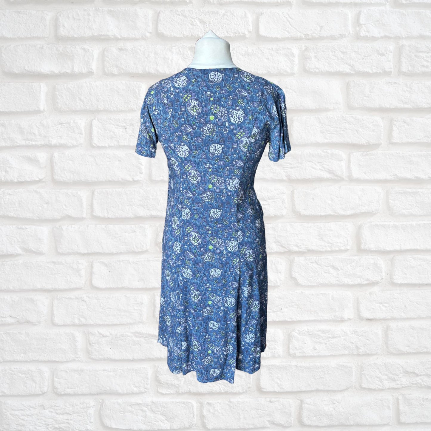 1950s French Vintage Blue Cotton Abstract Print Dress. Approx UK 12/ small 14