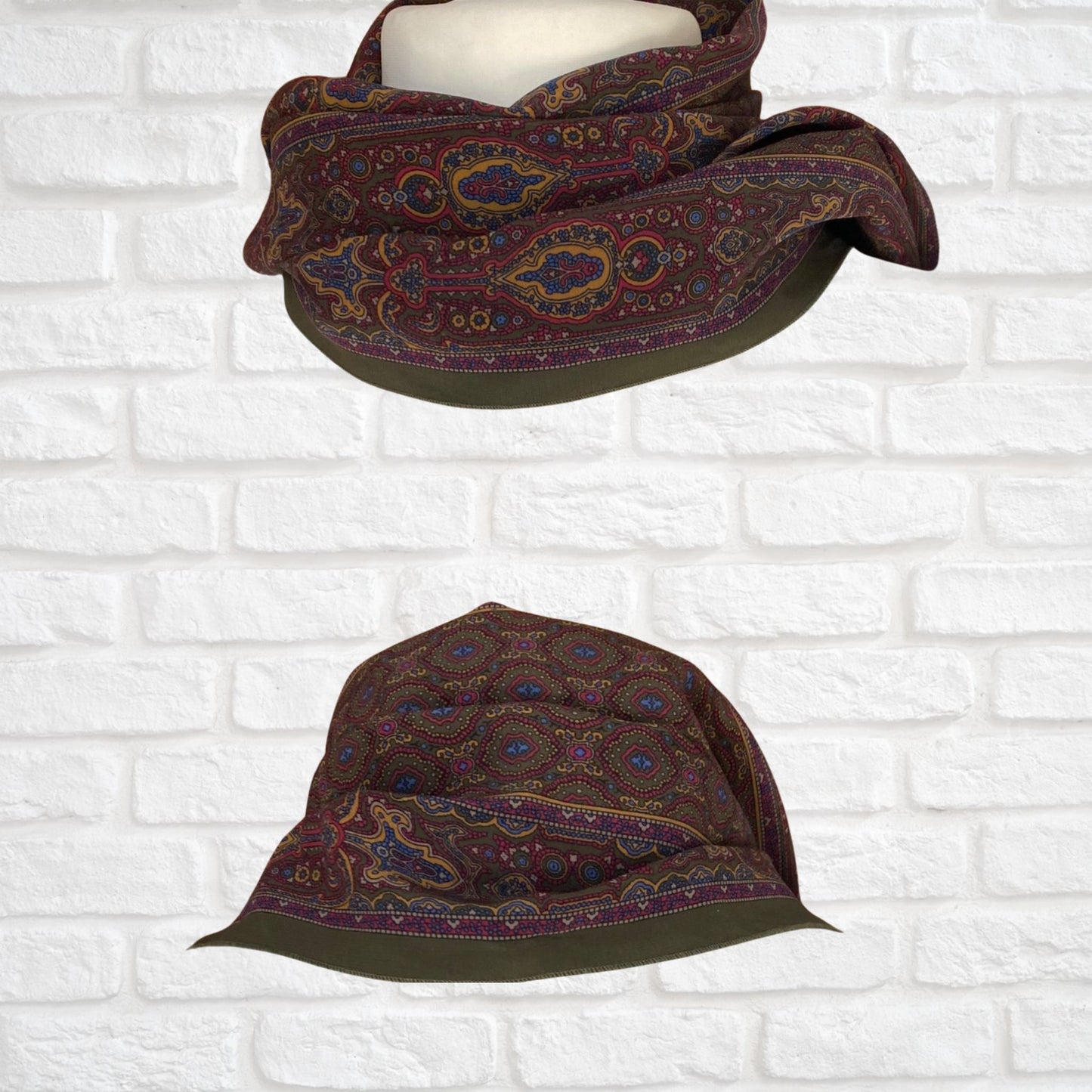 Long Length Vintage Green Silk Paisley Print Scarf. Richel, Paris Great gift idea