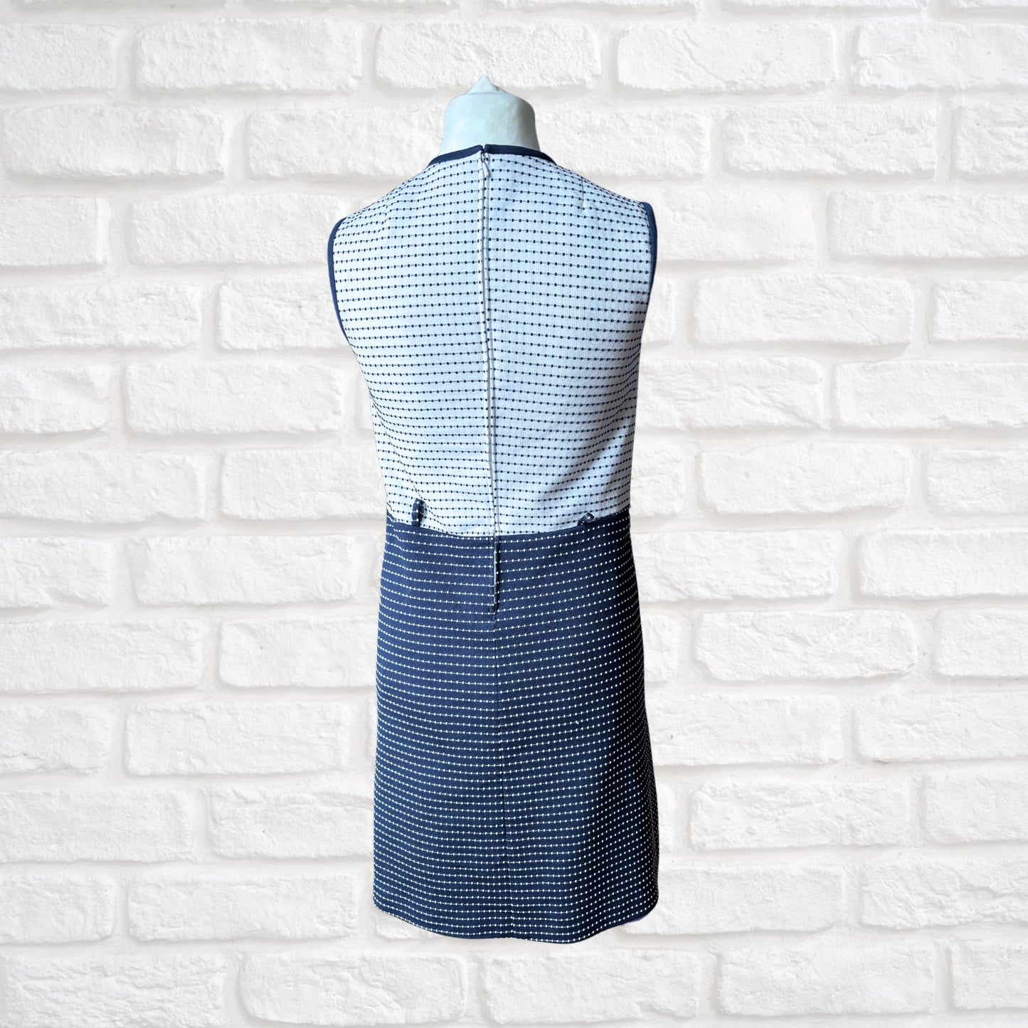 1960s Mod Style Navy Blue & White Sleeveless Vintage Scooter Dress. Approx UK size 10-12