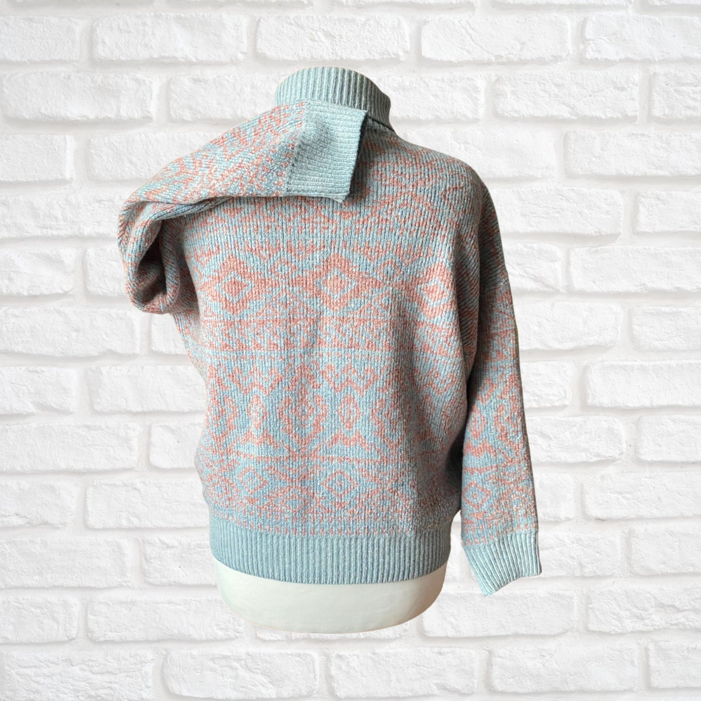 Vintage 80s Pale Blue and Pink Roll Neck Jumper. Approx UK size 18-22