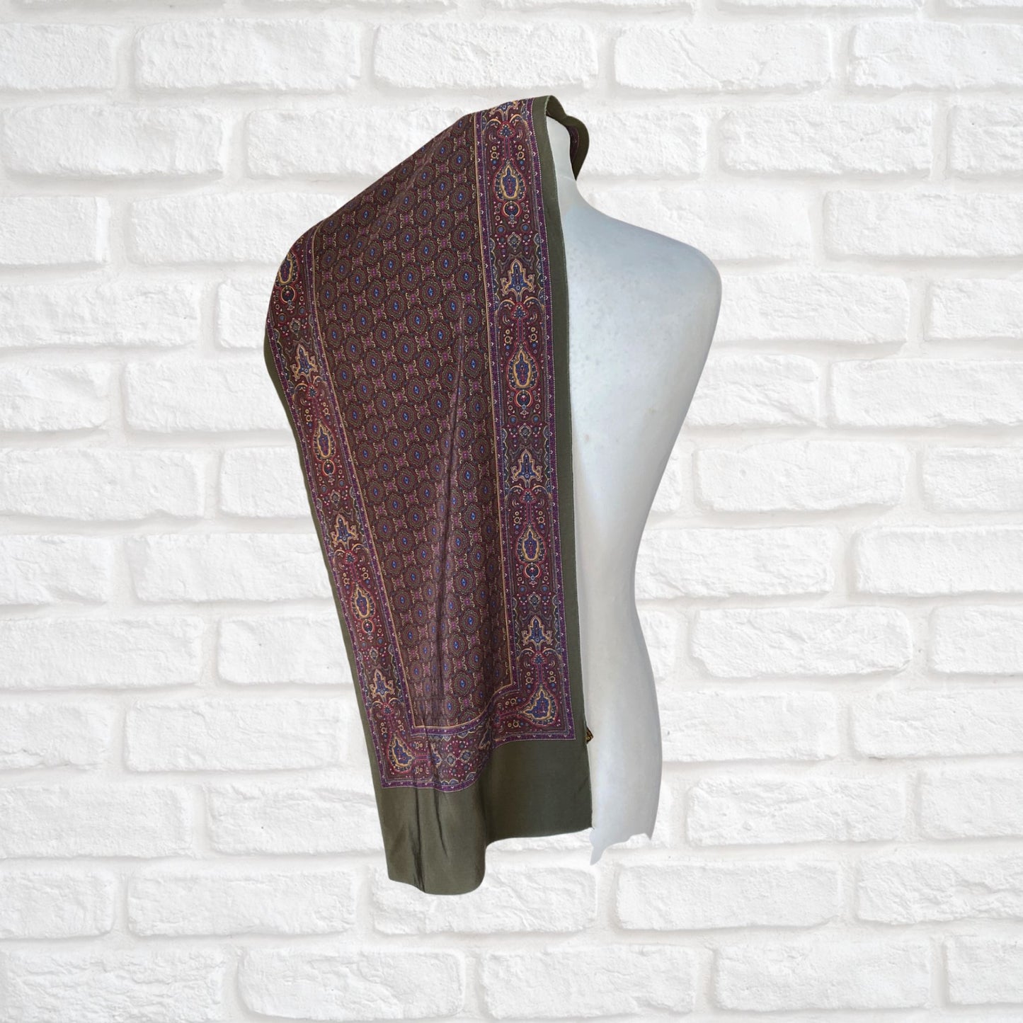 Long Length Vintage Green Silk Paisley Print Scarf. Richel, Paris Great gift idea