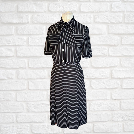 Vintage Monochrome Striped 70s Midi Dress by Liza Peta Approx UK size 10