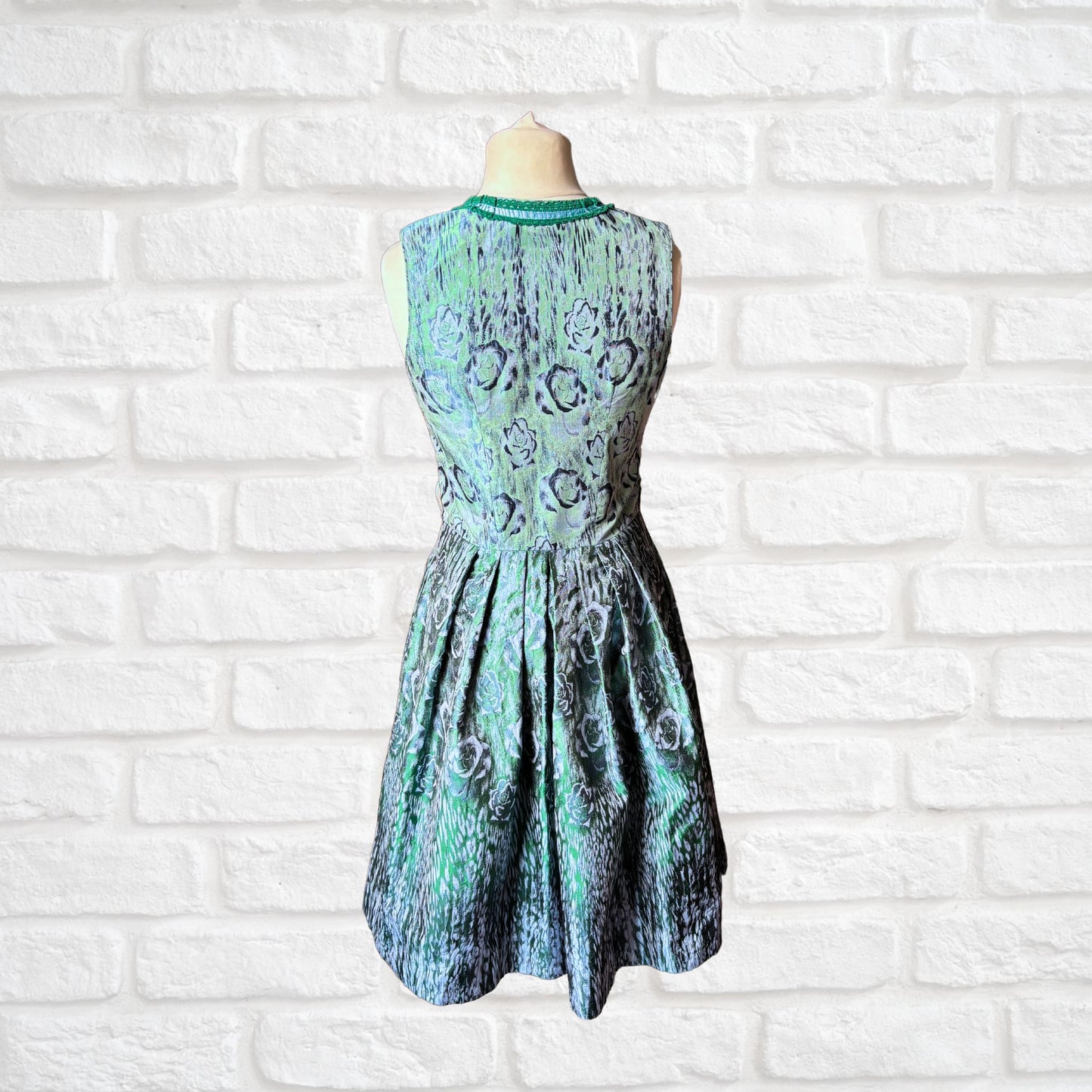Vintage Blue and Green Shimmery Dirndl Dress with Lace-Up Bodice. Approx UK size 14