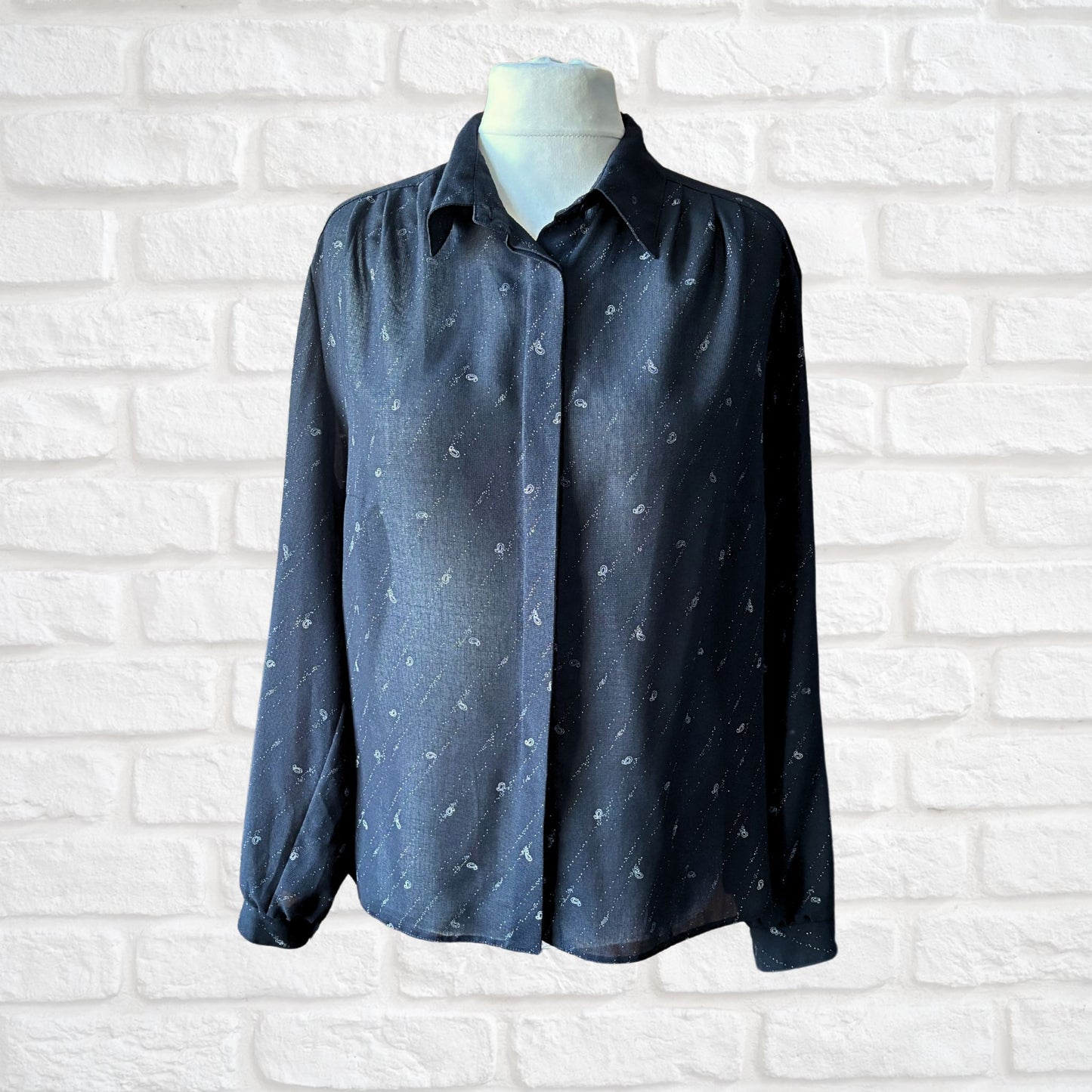 Black and White Semi-Sheer Long Sleeved Vintage Shirt. Approx UK size 18-22