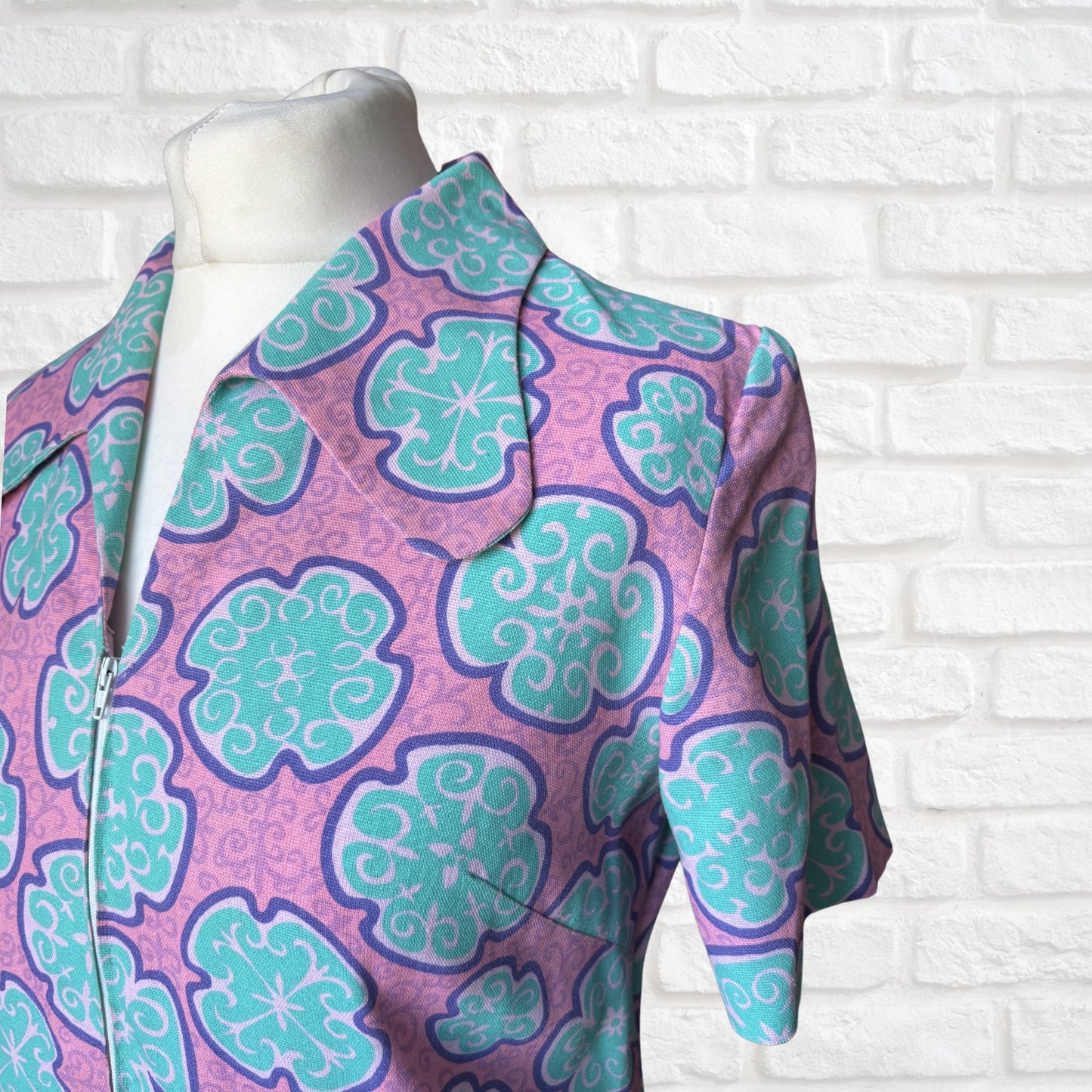 60s Pink and Turquoise Short Sleeves Vintage Scooter Dress. Approx UK size 8- 10
