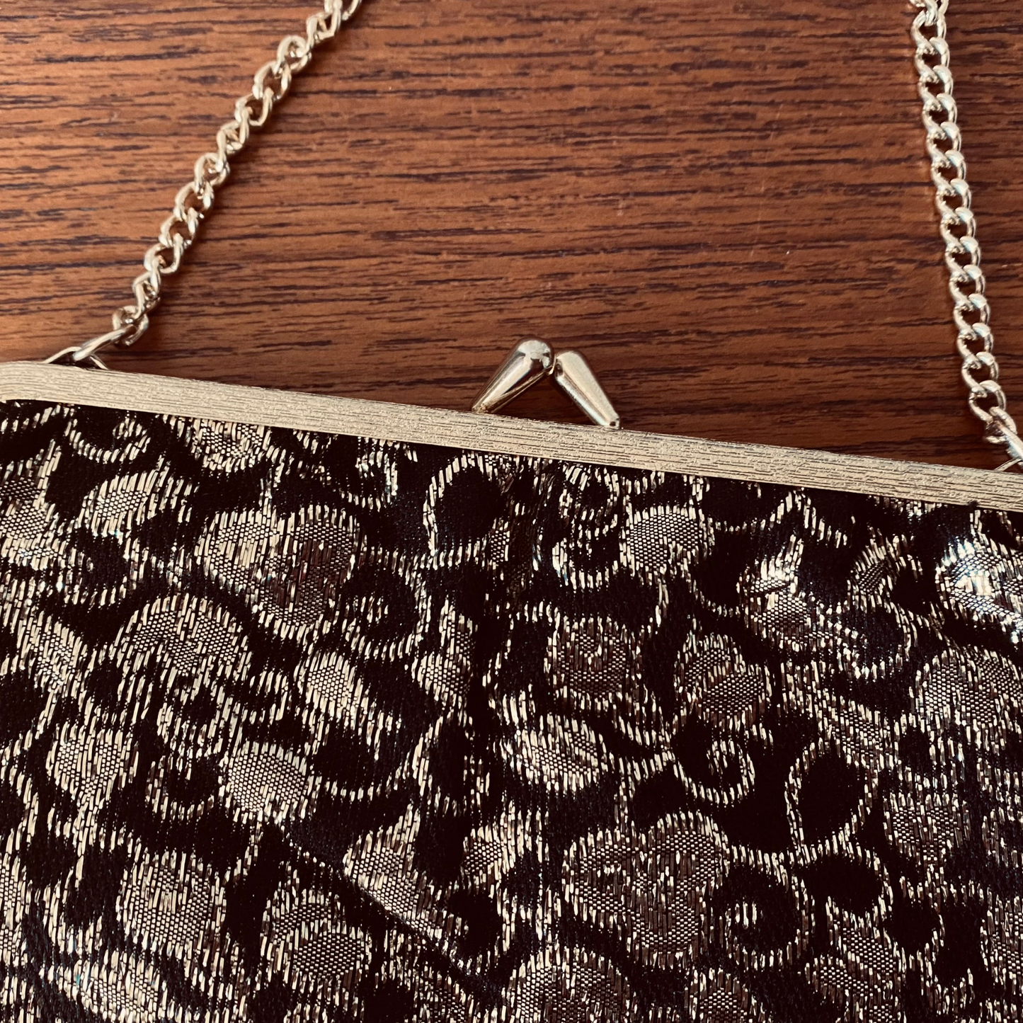 60s black and gold sparkly floral print handbag with matching mini hand mirror. Great gift idea.