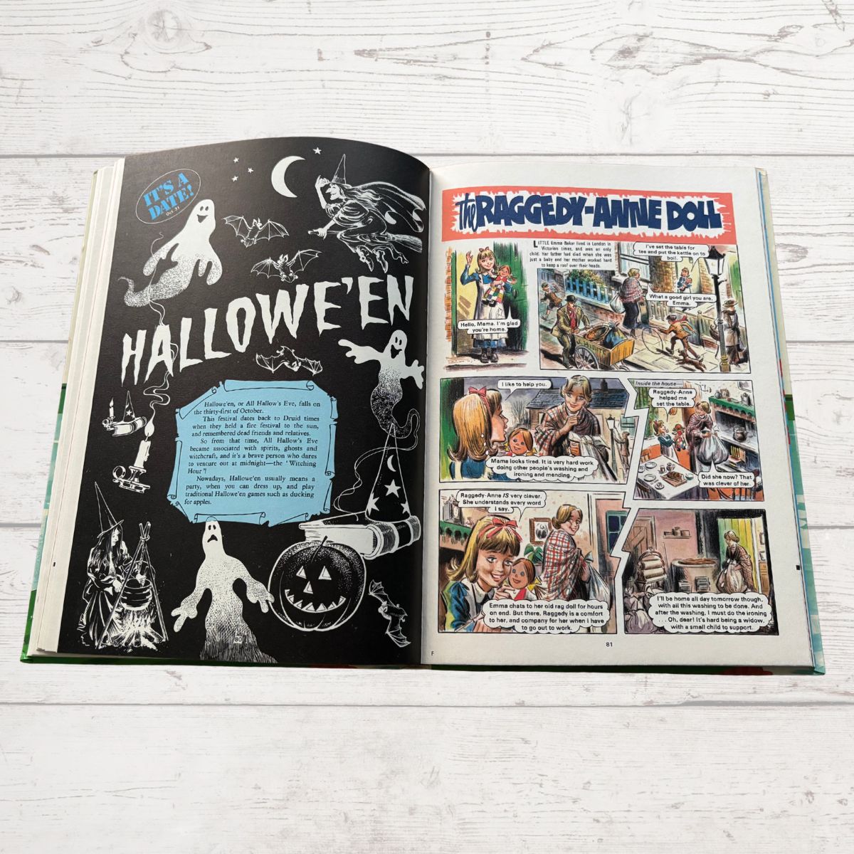 Mandy for Girls 1985 vintage annual, open on a comic story page and a Halloween article on a white background