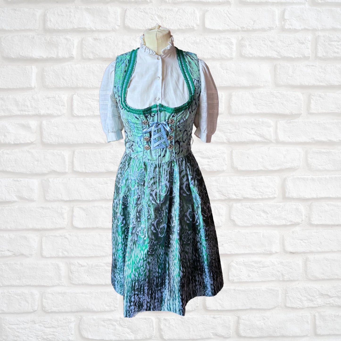 Vintage Blue and Green Shimmery Dirndl Dress with Lace-Up Bodice. Approx UK size 14