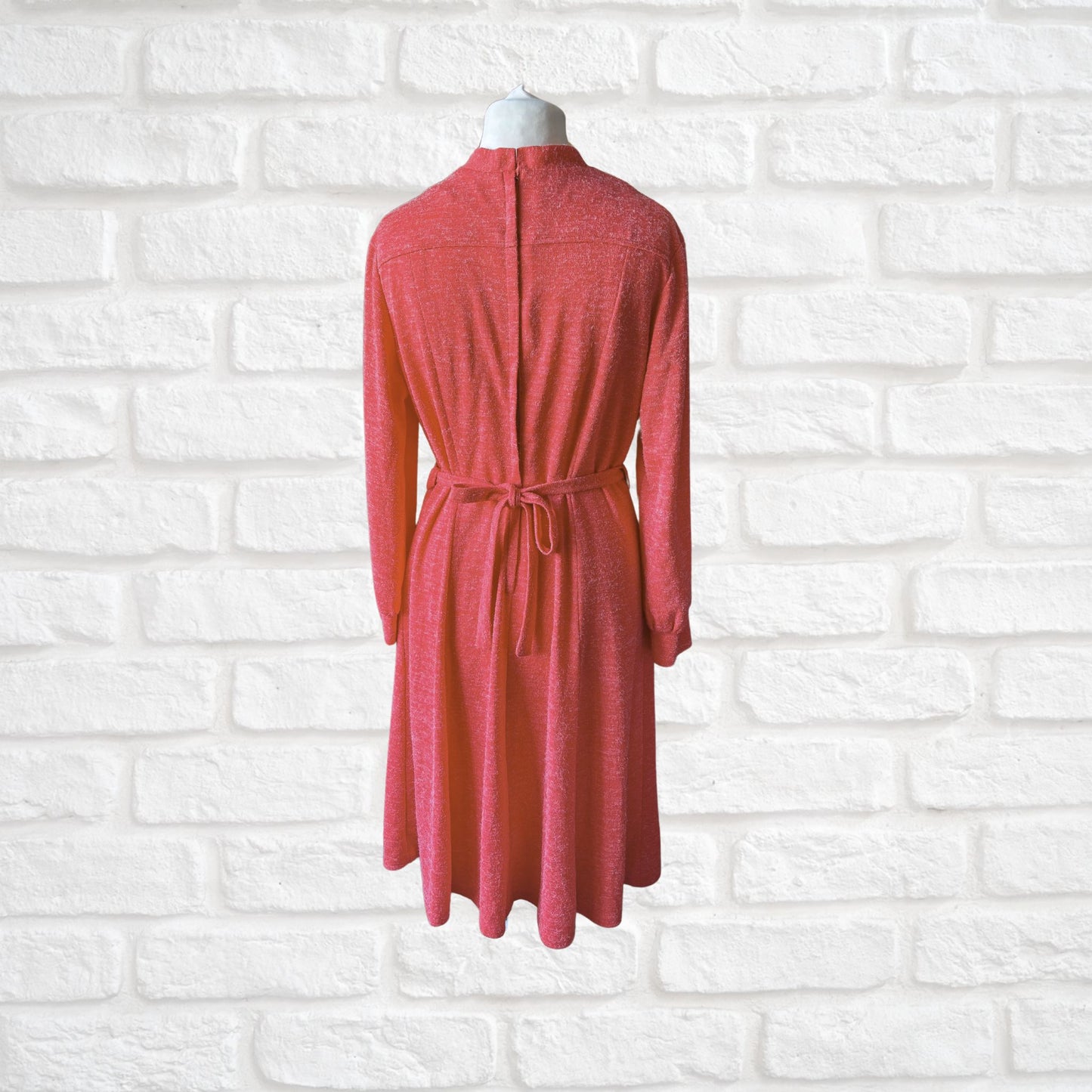70s Vintage Coral Pink Midi Dress with Bow Neckline and Matching Belt .Approx UK size 16-18