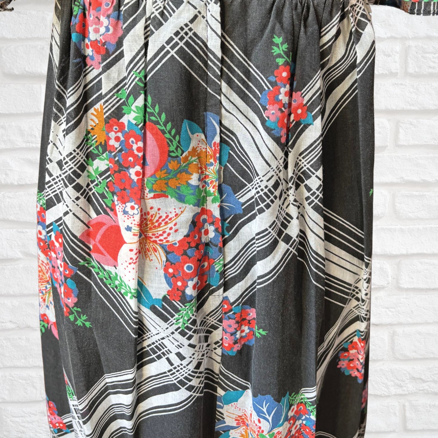 70s Black & White Striped Floral Vintage Maxi Dress with Angel Sleeves. Approx UK size 8-10